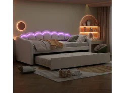 Cama auxiliar 90 x 200 cm + cama 90 x 190 cm, sofá-cama - veludo - LEDs - cor bege (sem colchão)