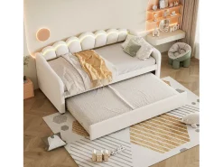 Cama auxiliar 90 x 200 cm + cama 90 x 190 cm, sofá-cama - veludo - LEDs - cor bege (sem colchão)