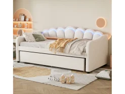 Cama auxiliar 90 x 200 cm + cama 90 x 190 cm, sofá-cama - veludo - LEDs - cor bege (sem colchão)