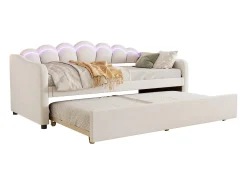Cama auxiliar 90 x 200 cm + cama 90 x 190 cm, sofá-cama - veludo - LEDs - cor bege (sem colchão)