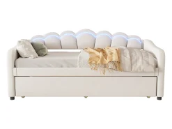 Cama auxiliar 90 x 200 cm + cama 90 x 190 cm, sofá-cama - veludo - LEDs - cor bege (sem colchão)