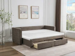 Cama auxiliar CAMITY 2 x 80 x 200 cm com estrado de ripas e gavetas em tecido texturizado taupe