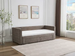 Cama auxiliar CAMITY 2 x 80 x 200 cm com estrado de ripas e gavetas em tecido texturizado taupe