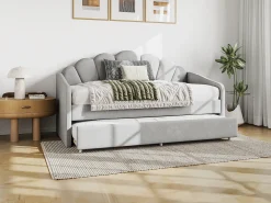 Cama auxiliar em formato de concha, 2 x 90 x 190 cm, veludo cinza claro + colchão - ELUSIA