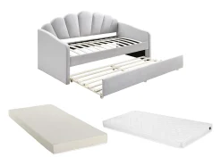 Cama auxiliar em formato de concha, 2 x 90 x 190 cm, veludo cinza claro + colchão - ELUSIA