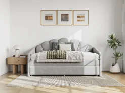 Cama auxiliar em formato de concha, 2 x 90 x 190 cm, veludo cinza claro - ELUSIA