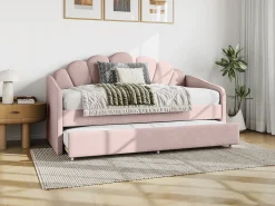 Cama auxiliar em formato de concha, 2 x 90 x 190 cm, em veludo rosa com colchão - ELUSIA