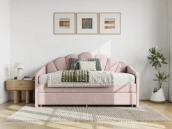 Cama auxiliar em formato de concha, 2 x 90 x 190 cm, em veludo rosa com colchão - ELUSIA