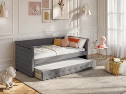 Cama auxiliar estofada LOUISE - 2x90x190cm - tecido cinza