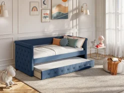 Cama auxiliar LOUISE com sofá-cama estofado em tecido azul, 2x90x190cm