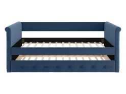 Cama auxiliar LOUISE com sofá-cama estofado em tecido azul, 2x90x190cm