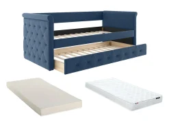 Cama auxiliar LOUISE com sofá-cama estofado em tecido azul, 2x90x190cm