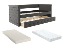 Cama auxiliar LOUISE com sofá-cama estofado em tecido cinza, 2x90x190cm