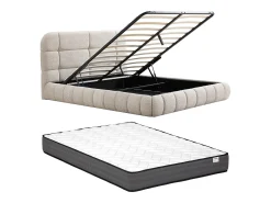 Cama baú 140 x 190 cm em tecido bouclette bege + colchão - FORIOSY