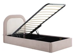 Cama baú 90 x 190 cm em tecido taupe e bege + colchão - IDONO