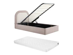 Cama baú 90 x 190 cm em tecido taupe e bege + colchão - IDONO