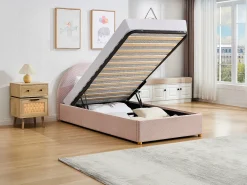 Cama baú 90 x 190 cm em veludo canelado cor rosa + colchão - LIRIMO