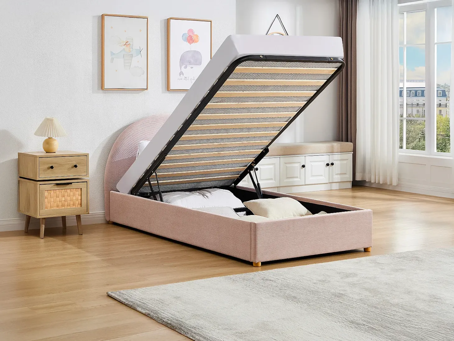 Cama baú 90 x 190 cm em veludo canelado cor rosa + colchão - LIRIMO