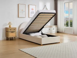 Cama baú 90 x 190 cm em veludo canelado cor bege - LIRIMO
