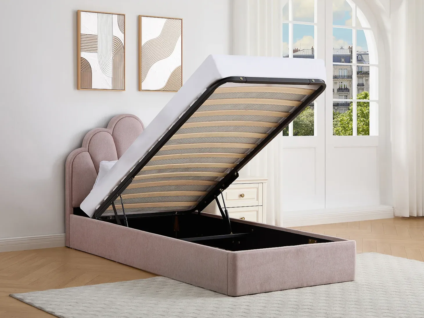 cama baú concha 90 x 190 cm tecido rosa - CORALUNO