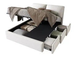Cama baú em veludo branco, 140 x 190 cm, com 3 gavetas e cabeceira ajustável, carga máx. 300kg