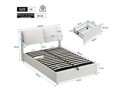 Cama baú em veludo branco, 140 x 190 cm, com 3 gavetas e cabeceira ajustável, carga máx. 300kg