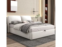 Cama baú em veludo branco, 140 x 190 cm, com 3 gavetas e cabeceira ajustável, carga máx. 300kg