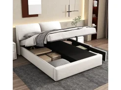 Cama baú em veludo branco, 140 x 190 cm, com 3 gavetas e cabeceira ajustável, carga máx. 300kg