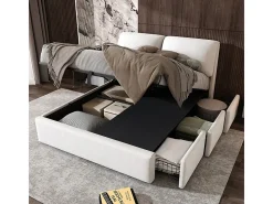 Cama baú em veludo branco, 140 x 190 cm, com 3 gavetas e cabeceira ajustável, carga máx. 300kg