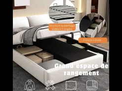 Cama baú em veludo branco, 140 x 190 cm, com 3 gavetas e cabeceira ajustável, carga máx. 300kg
