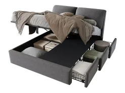 Cama baú em veludo cinza, 140 x 190 cm, com 3 gavetas e cabeceira ajustável, carga máx. 300kg