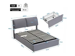 Cama baú em veludo cinza, 140 x 190 cm, com 3 gavetas e cabeceira ajustável, carga máx. 300kg