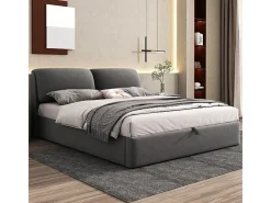 Cama baú em veludo cinza, 140 x 190 cm, com 3 gavetas e cabeceira ajustável, carga máx. 300kg
