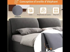 Cama baú em veludo cinza, 140 x 190 cm, com 3 gavetas e cabeceira ajustável, carga máx. 300kg