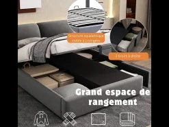 Cama baú em veludo cinza, 140 x 190 cm, com 3 gavetas e cabeceira ajustável, carga máx. 300kg