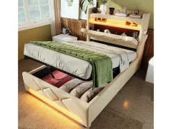 Cama baú estofada 90x200 cm - com LED e portas de carregamento USB - Tecido de linho - Cabeceira com espaço de armazenamento - Bege