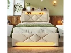 Cama baú estofada 90x200 cm - com LED e portas de carregamento USB - Tecido de linho - Cabeceira com espaço de armazenamento - Bege