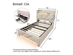 Cama baú estofada 90x200 cm - com LED e portas de carregamento USB - Tecido de linho - Cabeceira com espaço de armazenamento - Bege