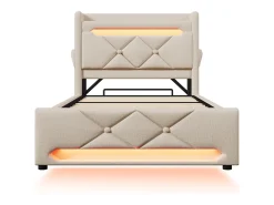 Cama baú estofada 90x200 cm - com LED e portas de carregamento USB - Tecido de linho - Cabeceira com espaço de armazenamento - Bege