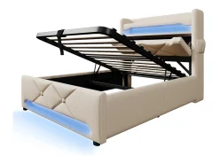 Cama baú estofada 90x200 cm - com LED e portas de carregamento USB - Tecido de linho - Cabeceira com espaço de armazenamento - Bege