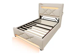 Cama baú estofada 90x200 cm - com LED e portas de carregamento USB - Tecido de linho - Cabeceira com espaço de armazenamento - Bege
