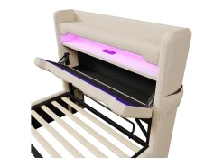 Cama baú estofada 90x200 cm - com LED e portas de carregamento USB - Tecido de linho - Cabeceira com espaço de armazenamento - Bege