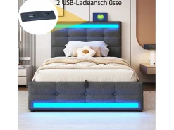 Cama baú estofada 90x200cm - Com porta USB - Com faixa de luz LED - Linho - Cinza (sem colchão)