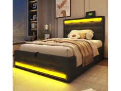 Cama baú estofada 90x200cm - Com porta USB - Com faixa de luz LED - Linho - Cinza (sem colchão)