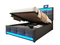 Cama baú estofada 90x200cm - Com porta USB - Com faixa de luz LED - Linho - Cinza (sem colchão)