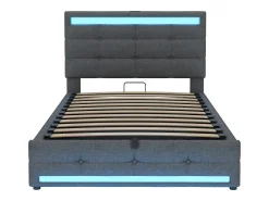 Cama baú estofada 90x200cm - Com porta USB - Com faixa de luz LED - Linho - Cinza (sem colchão)