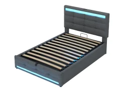 Cama baú estofada 90x200cm - Com porta USB - Com faixa de luz LED - Linho - Cinza (sem colchão)