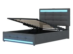 Cama baú estofada 90x200cm - Com porta USB - Com faixa de luz LED - Linho - Cinza (sem colchão)