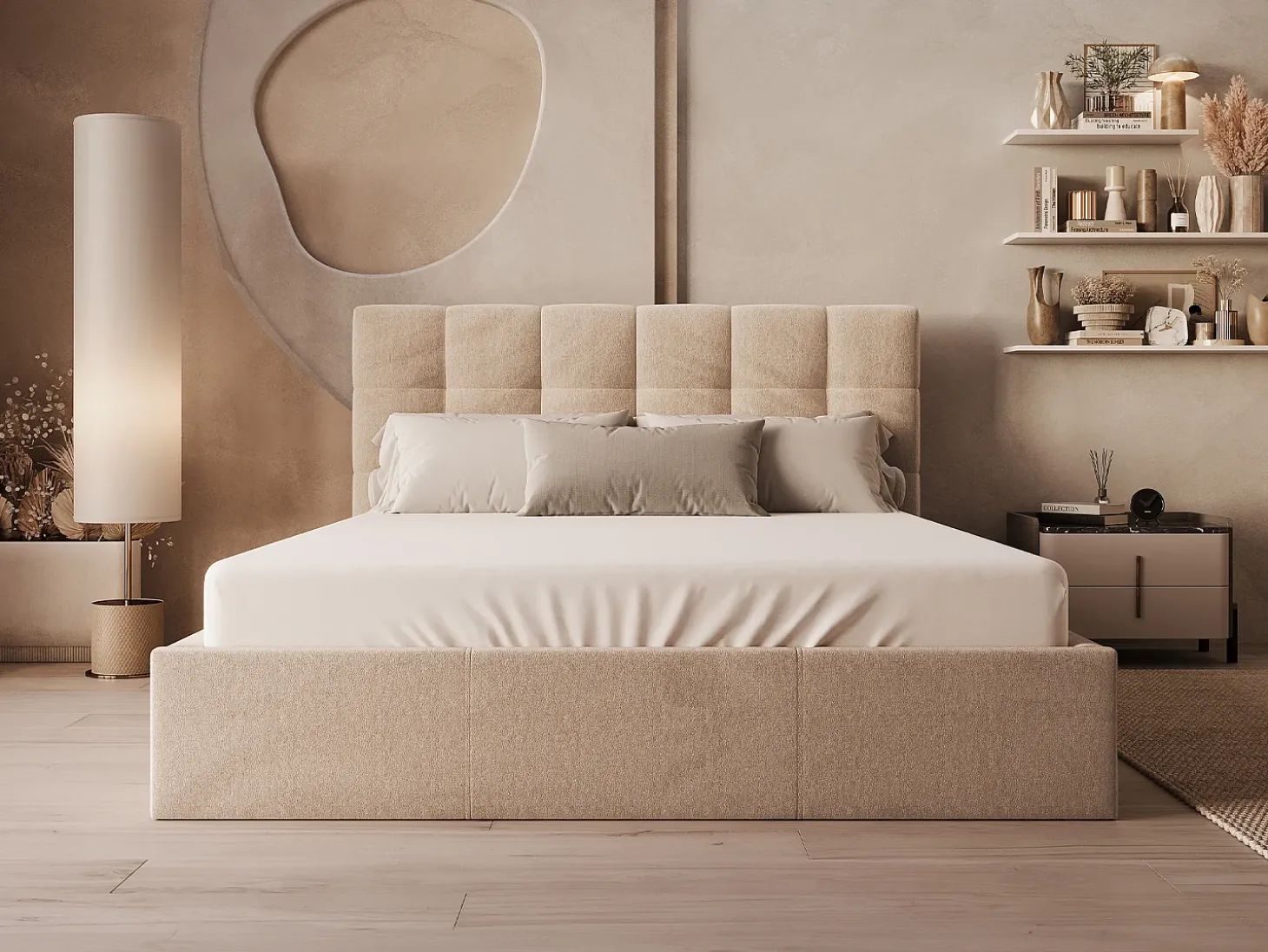 Cama baú king size 180 x 200 cm em veludo em cor bege - MIRDAL