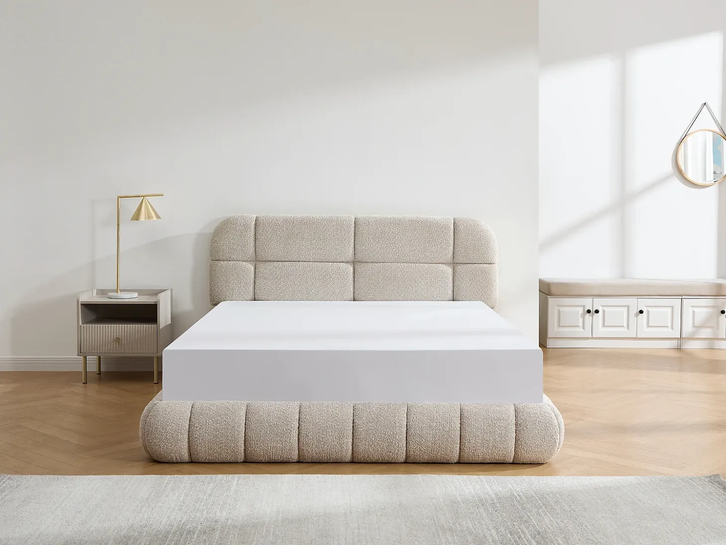 Cama baú king size 180 x 200 cm em tecido bouclé bege - FORIOSY